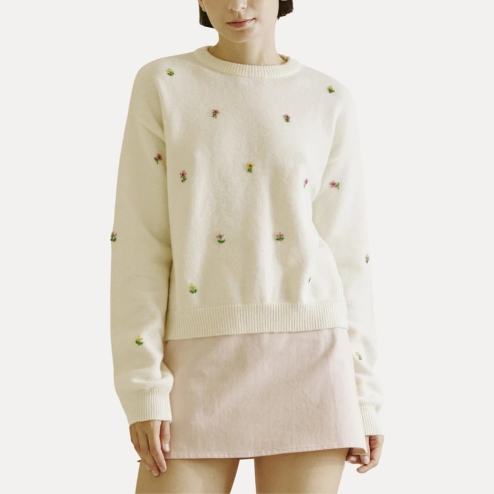 Storia Ivory Crewneck Sweater with Beaded Rosebud Embellishments